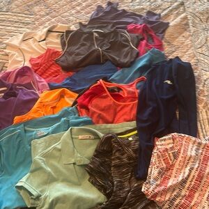 Golf and workout shirts sizes are small thru medium and selling all 16 as bulk